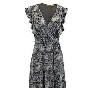 Navy blue and white faux wrap dress